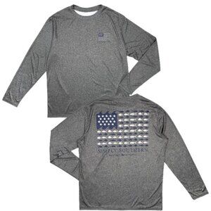 Simply Southern Men's Gray Long Sleeve Performance Fishing Shirt ~ M ~ USA Flag